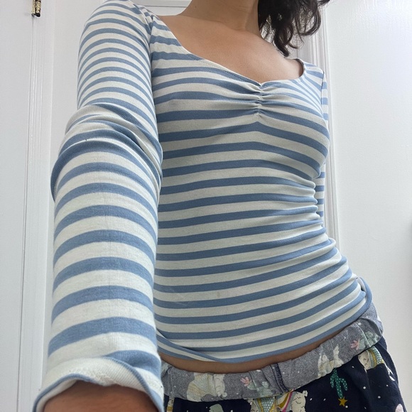 Long sleeve striped ruched shirt. - Picture 1 of 5